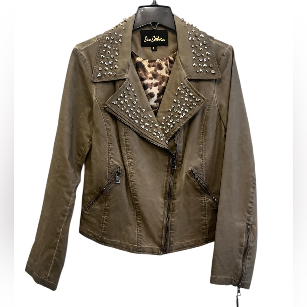 Sam Edelman Studded Distressed Tan/Brown Moto Jacket With Leopard Print Lining